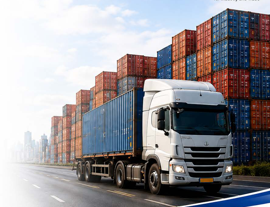 Freight truck carrying shipping containers