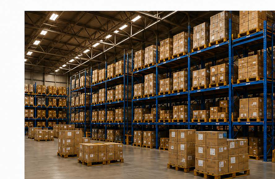 Warehouse with stocked shelving
